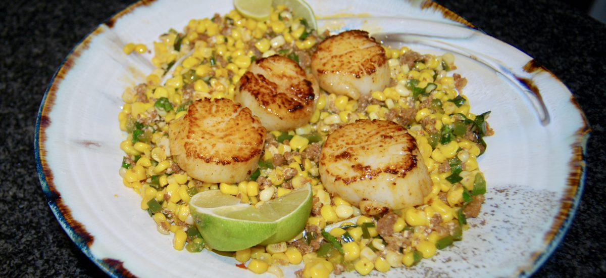 Corn, Chorizo and Scallops