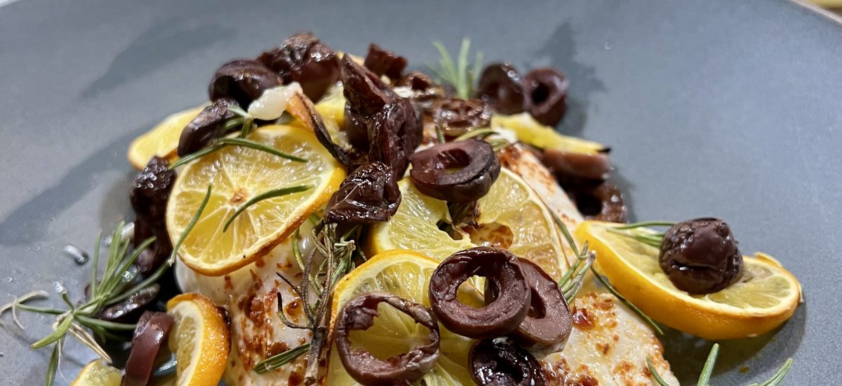 Roasted Halibut with Lemon, Olives and Rosemary