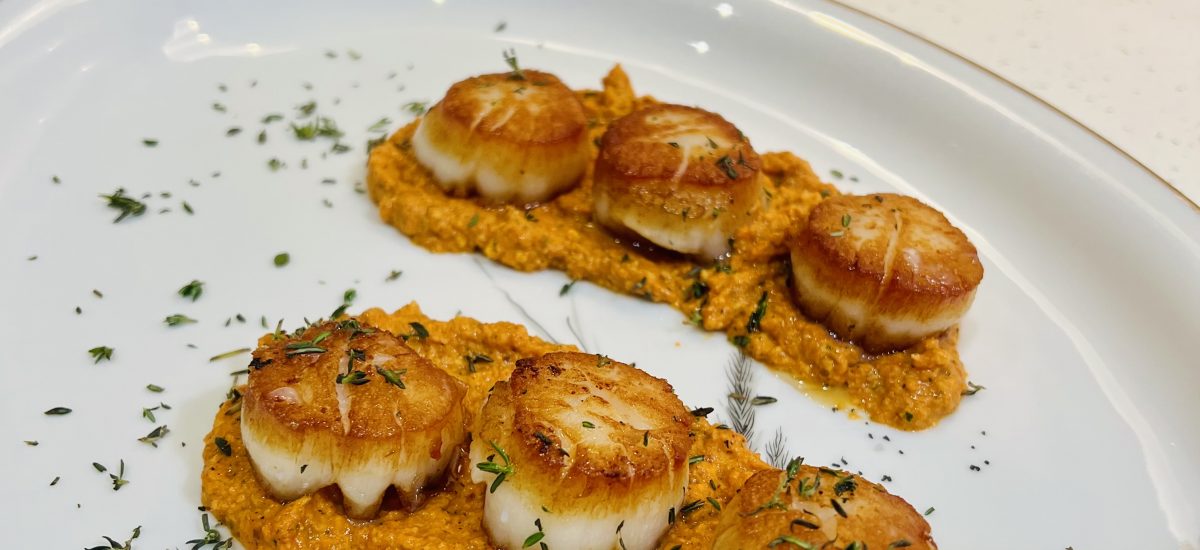 Brown Butter Scallops with Romesco Sauce