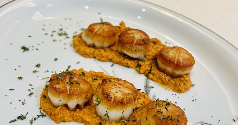 Brown Butter Scallops with Romesco Sauce