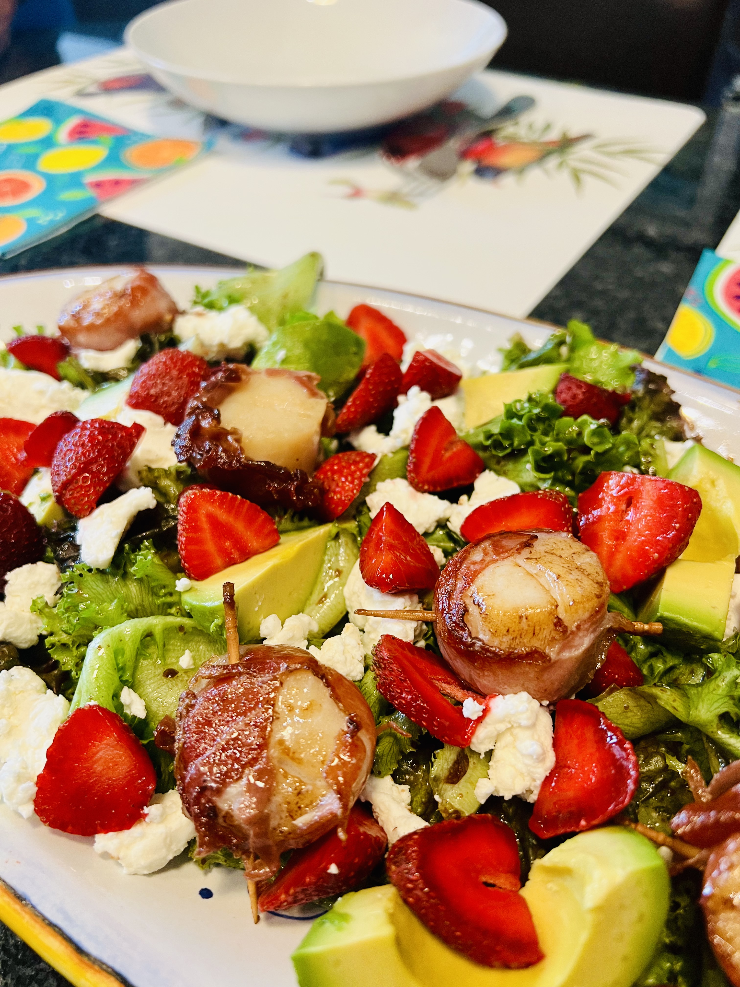 Strawberry and Chèvre Salad with Prosciutto Scallops
